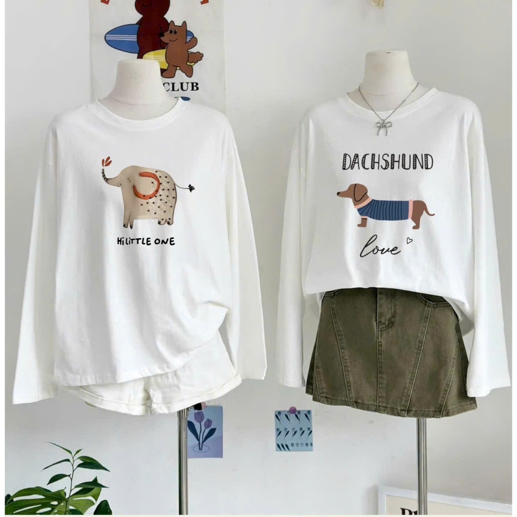 ÁO thun dài tay nữ tông Trắng in hình siêu xinh JULY FASHION,Áo tay dài nữ chất thun xượt dáng rộng phong cách Hàn Quốc