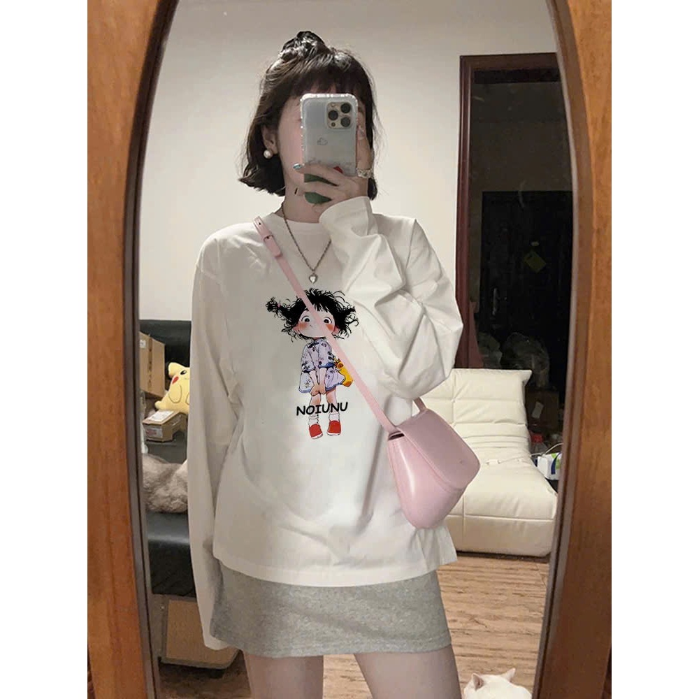 ÁO thun dài tay nữ tông Trắng in hình siêu xinh JULY FASHION,Áo tay dài nữ chất thun xượt dáng rộng phong cách Hàn Quốc