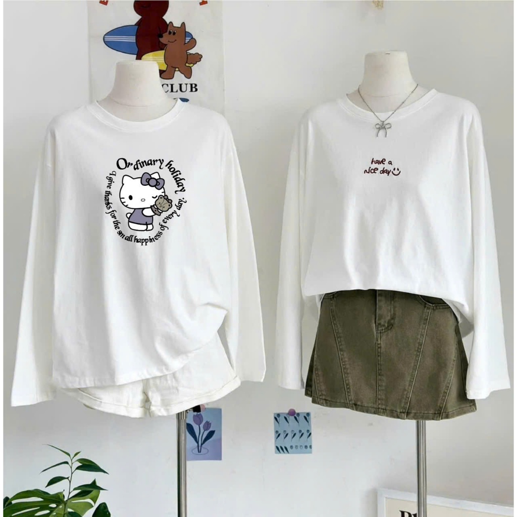 ÁO thun dài tay nữ tông Trắng in hình siêu xinh JULY FASHION,Áo tay dài nữ chất thun xượt dáng rộng phong cách Hàn Quốc