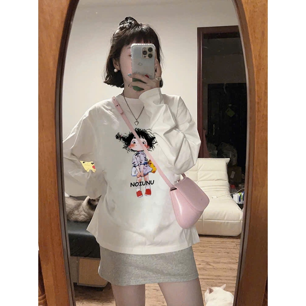 ÁO thun dài tay nữ tông Trắng in hình siêu xinh JULY FASHION,Áo tay dài nữ chất thun xượt dáng rộng phong cách Hàn Quốc
