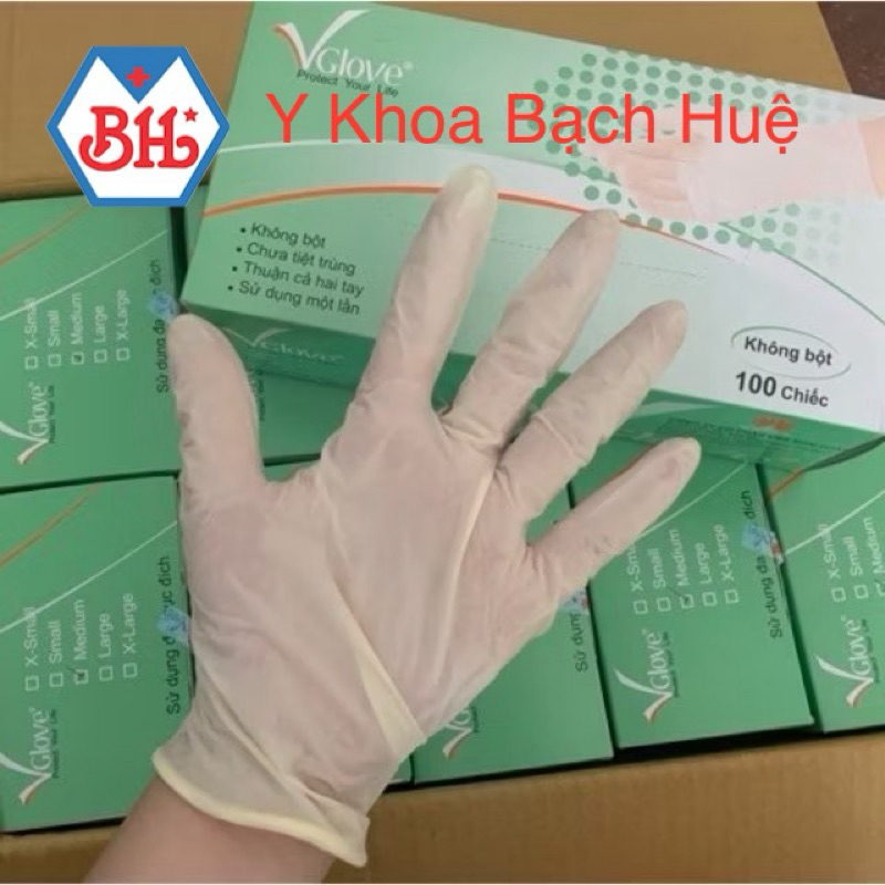 Găng tay y tế không bột VGlove, Găng tay cao su không bột. Hộp 50 đôi