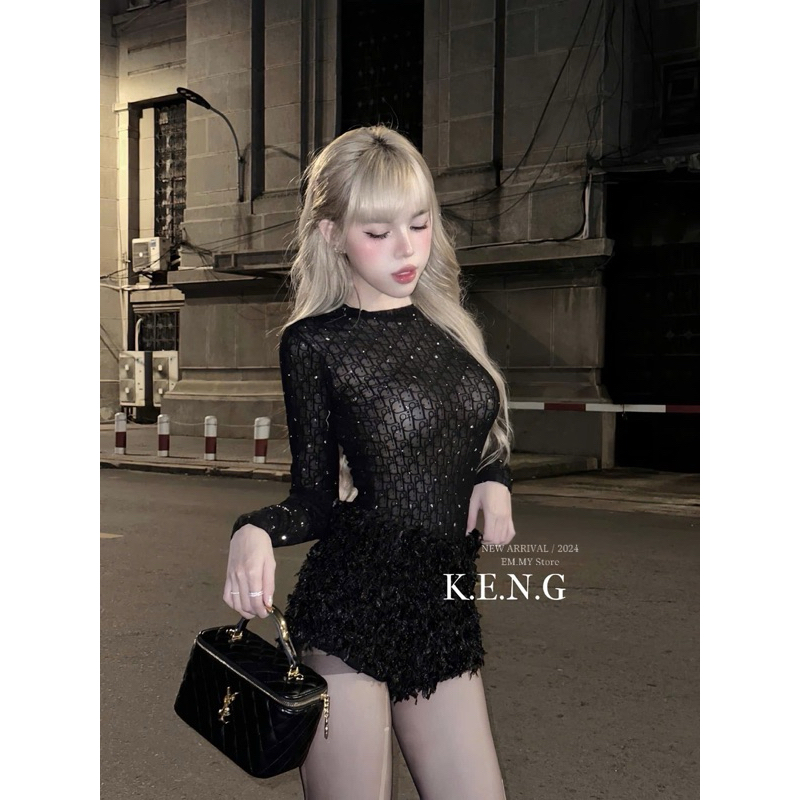 Set áo lưới đính đá quần soôc lông co giãn ôm dáng