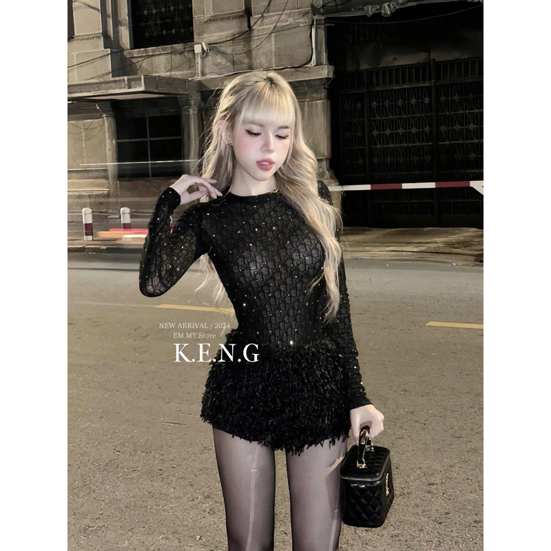 Set áo lưới đính đá quần soôc lông co giãn ôm dáng