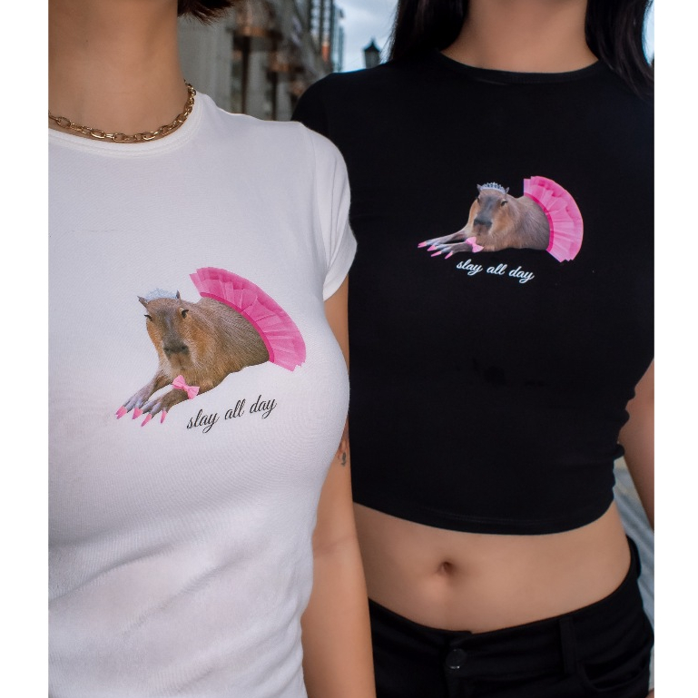 SALE 99K - Áo thun baby tee cotton forom ôm y2k in hình capybara "slay all day"& bò sữa đeo nơ | bananabu