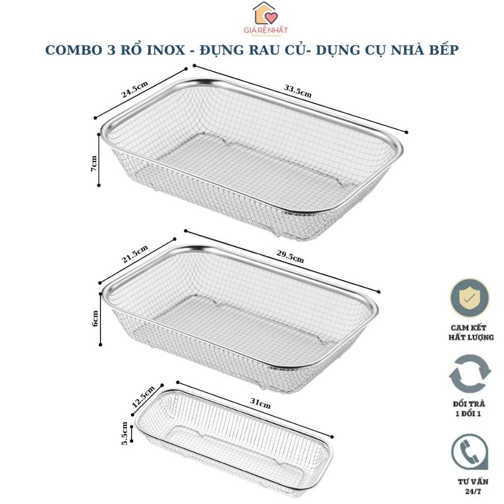 Rổ inox 304 đủ size hình chữ nhật cao cấp đựng rau củ, dụng cụ nhà bếp ...