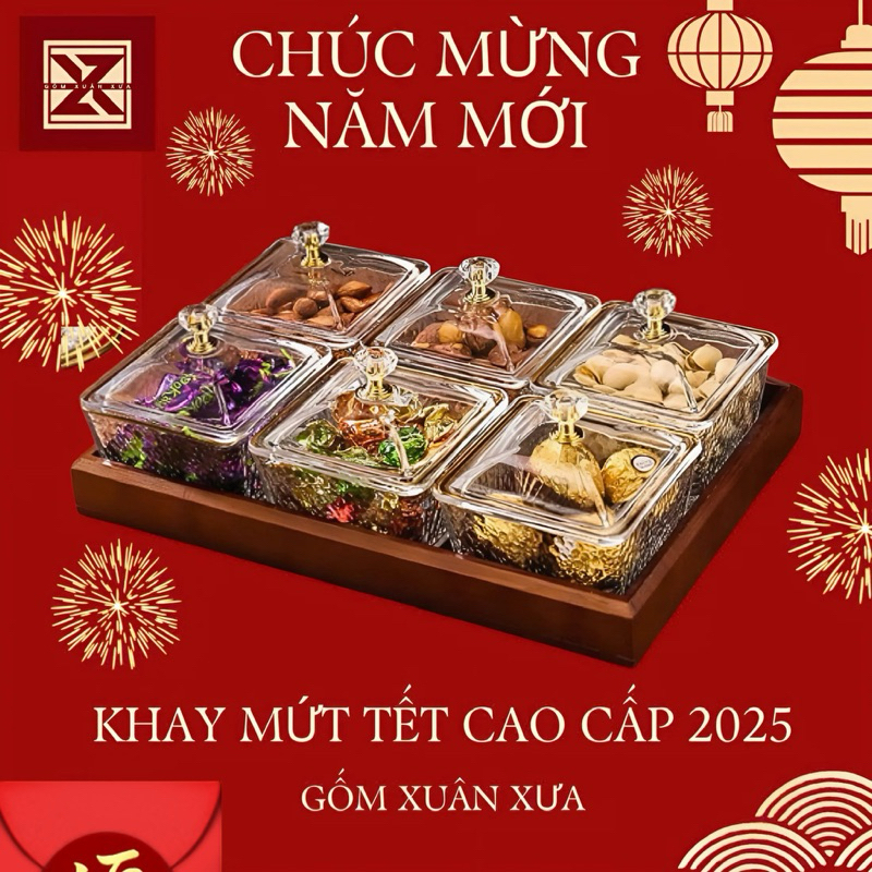 Khay Đựng Mứt Tết Hũ Thủy Tinh Nắp Nhựa Gốm Xuân Xưa, Hộp đựng bánh kẹo ...