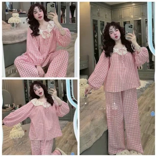 Bộ kẻ caro trễ vai tiểu thư, bộ mặc nhà trễ vai phối ren xinh yêu