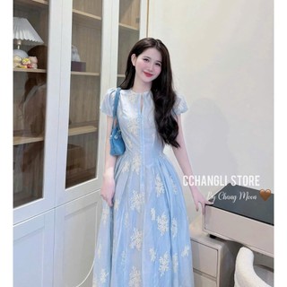 Đầm thiết kế kiểu tàu chất voan in hoa cao cấp cổ tròn dây kéo sau tay cánh tiên đứng from cực dễ thương