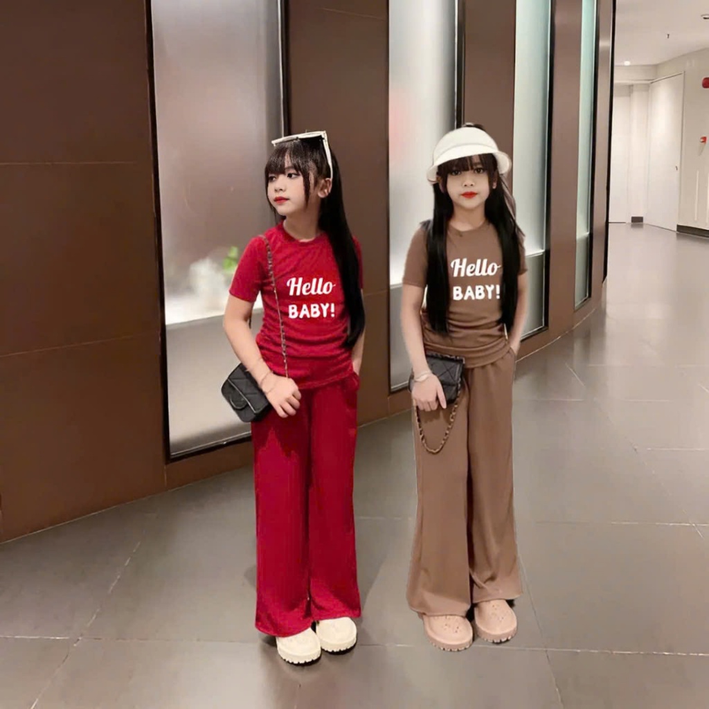 16-43KG Bộ quần áo bé gái áo cộc tay in chữ HELLO BABY quần ống xuông chất vải tăm lạnh mềm mịn M11