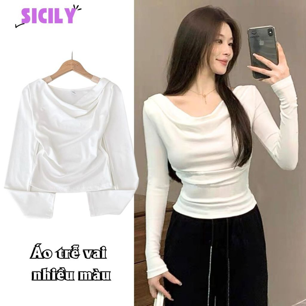 Áo thun tay dài nữ Sicily cổ đổ trễ vai gợi cảm CDTV