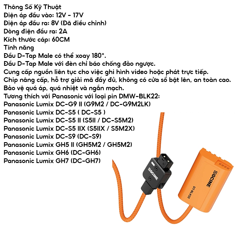 Pin Ảo Dummy ZGCINE D-TAP To DC, FZ100, LPE6, NPF - Đa Năng, Hiệu