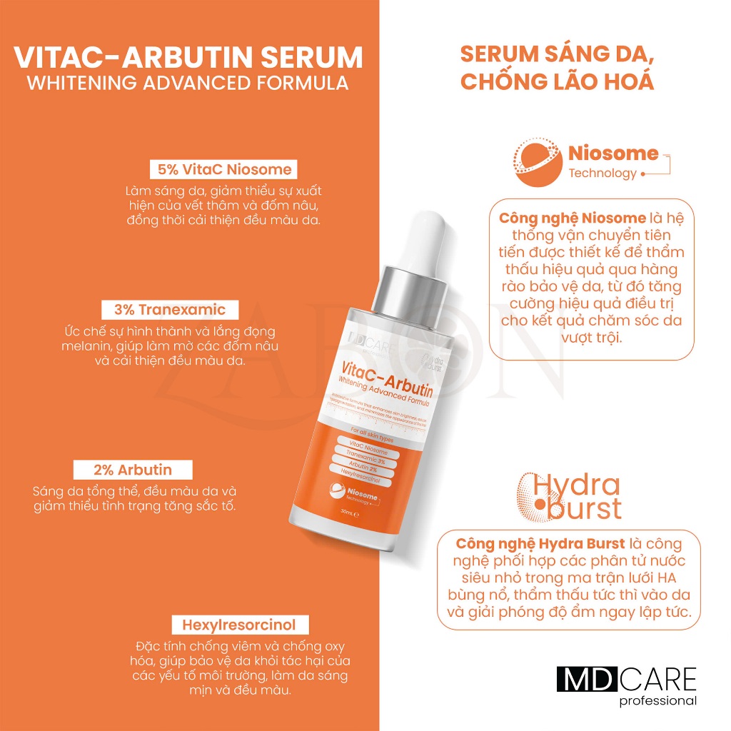 Serum MD CARE VitaC-Arbutin Serum – Whitening Advanced Formula 30ml sáng da, chống lão hóa