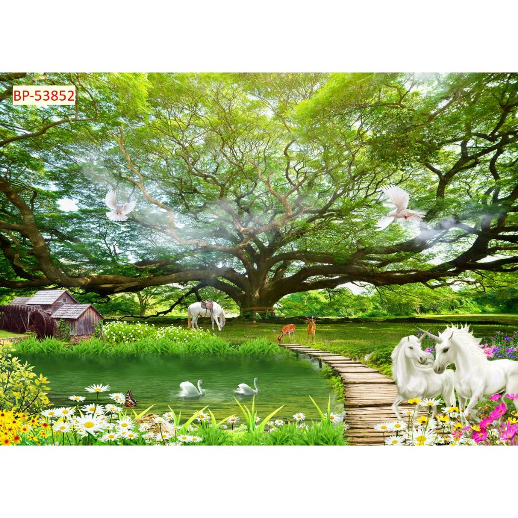 Tranh 3D lụa kim sa cao cấp phong cảnh đồi núi, rừng cây xanh