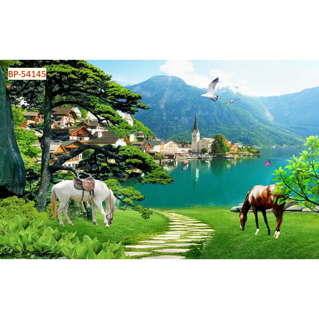 Tranh 3D lụa kim sa cao cấp phong cảnh đồi núi, rừng cây xanh