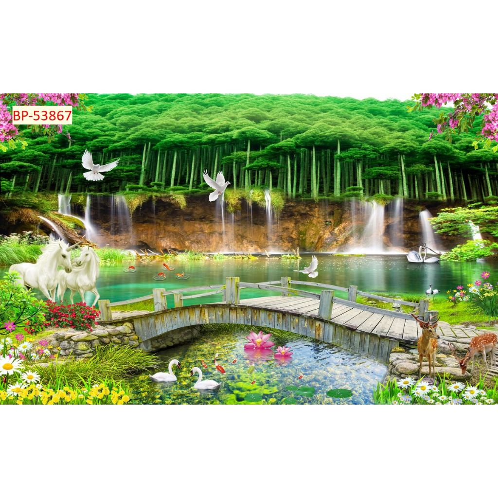 Tranh 3D lụa kim sa cao cấp phong cảnh đồi núi, rừng cây xanh
