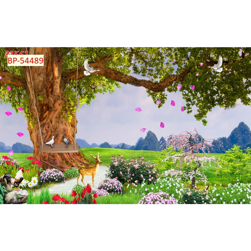 Tranh 3D lụa kim sa cao cấp phong cảnh đồi núi, rừng cây xanh