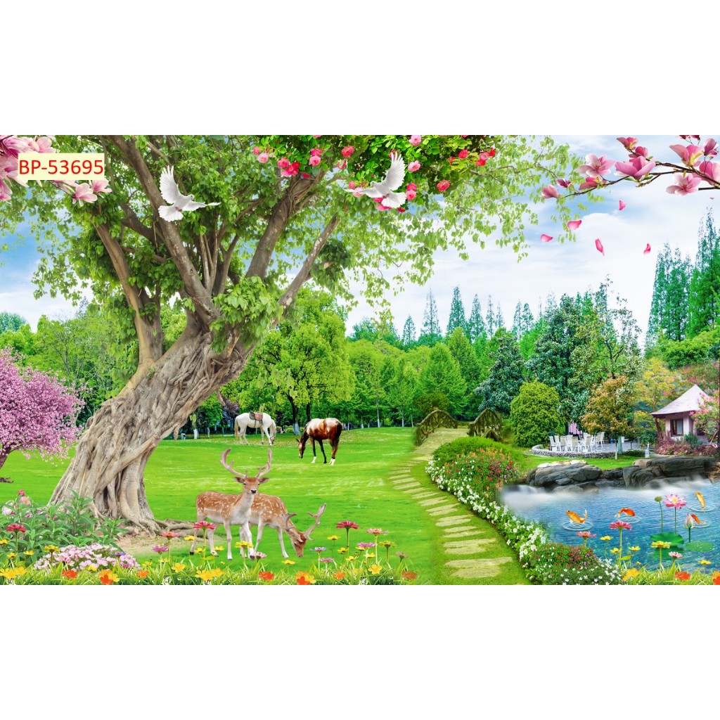 Tranh 3D lụa kim sa cao cấp phong cảnh đồi núi, rừng cây xanh