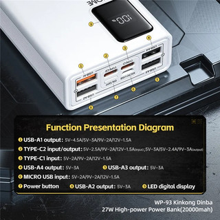 [CÓ 3C] Cục tích điện WK Design WP-93 20000mah TypeC PD 27W, USB QC 3.0 22.5W (2 màu)