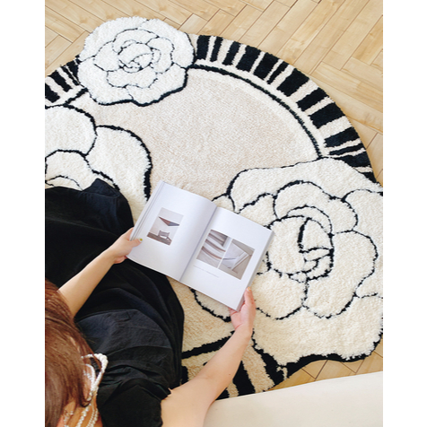 Thảm Trải Sàn Tròn Sợi Cashmere Hoa Hồng Màu Be Phong Cách Pháp Sang Trọng