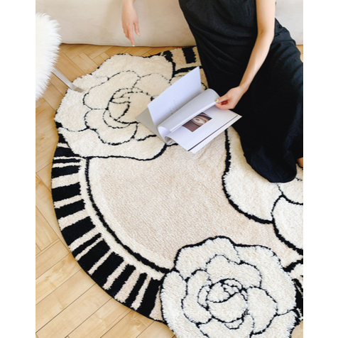 Thảm Trải Sàn Tròn Sợi Cashmere Hoa Hồng Màu Be Phong Cách Pháp Sang Trọng