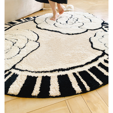 Thảm Trải Sàn Tròn Sợi Cashmere Hoa Hồng Màu Be Phong Cách Pháp Sang Trọng
