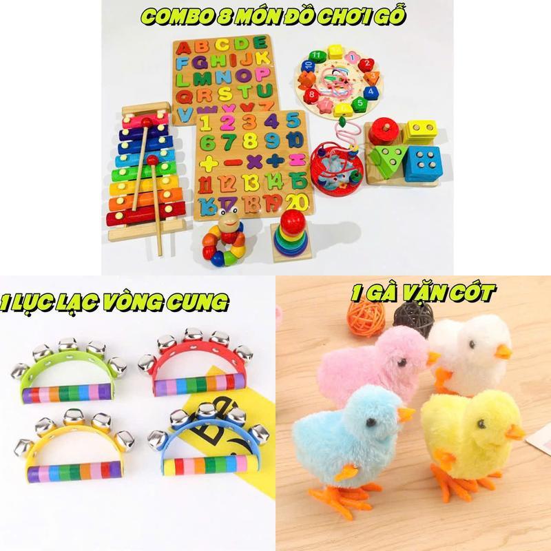 COMBO 10 MON đồ chơi montesori cho bé phát triển trí tuệ gồm 8 món đồ chơi gỗ, lục lạc cầm tay và 1 gà vặn cót
