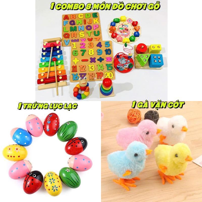 COMBO 10 MON đồ chơi montesori cho bé phát triển trí tuệ gồm 8 món đồ chơi gỗ, lục lạc cầm tay và 1 gà vặn cót