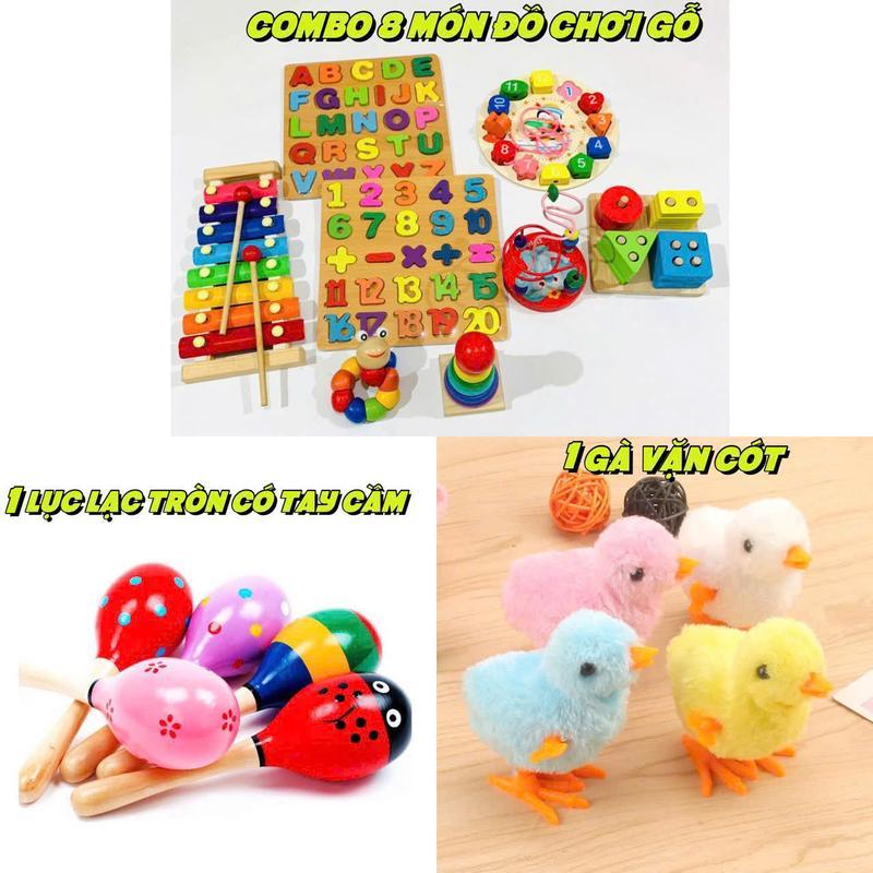 COMBO 10 MON đồ chơi montesori cho bé phát triển trí tuệ gồm 8 món đồ chơi gỗ, lục lạc cầm tay và 1 gà vặn cót