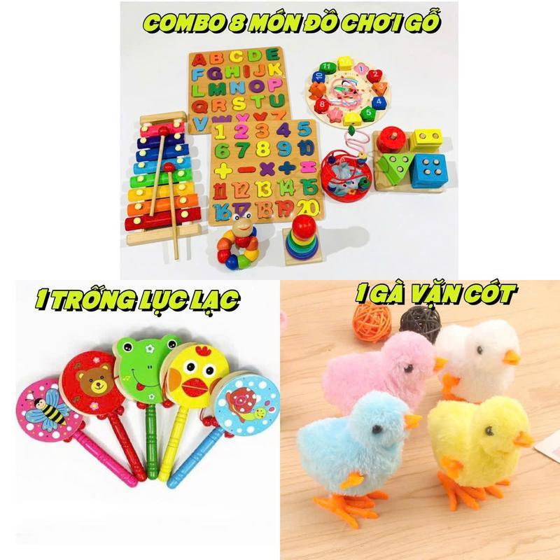COMBO 10 MON đồ chơi montesori cho bé phát triển trí tuệ gồm 8 món đồ chơi gỗ, lục lạc cầm tay và 1 gà vặn cót