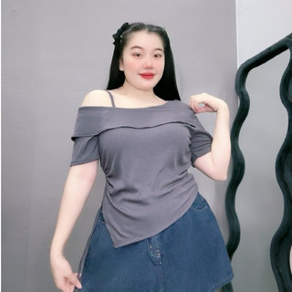 Áo thun bigsize nữ cách điệu vạt gập trễ vai một bên vạt chéo nhún bèo rút dây chất vải gân tăm cao cấp dễ phối G213