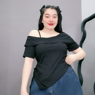 Áo thun bigsize nữ cách điệu vạt gập trễ vai một bên vạt chéo nhún bèo rút dây chất vải gân tăm cao cấp dễ phối G213