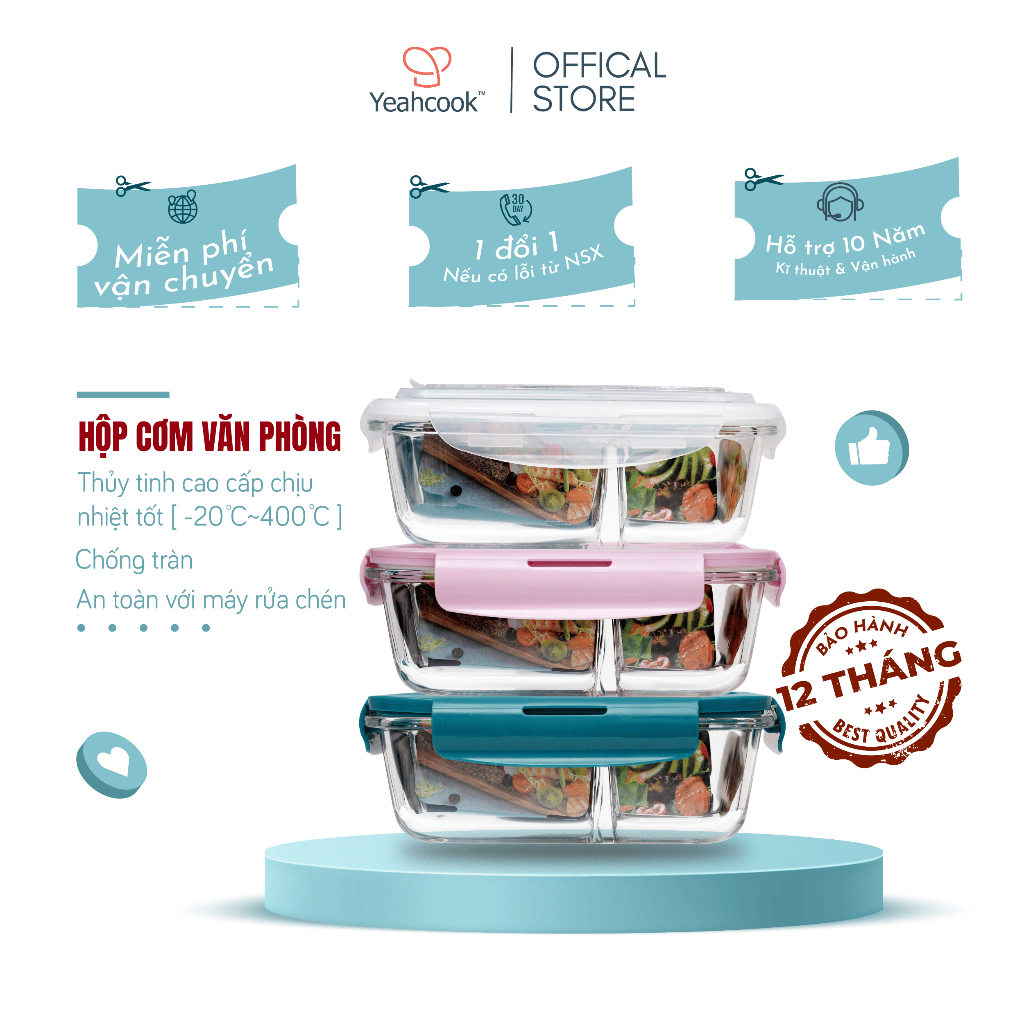Ảnh YEAHCOOK Hộp cơm văn phòng bằng thủy tinh chia ngăn chống tràn dùng được trong lò vi sóng 2