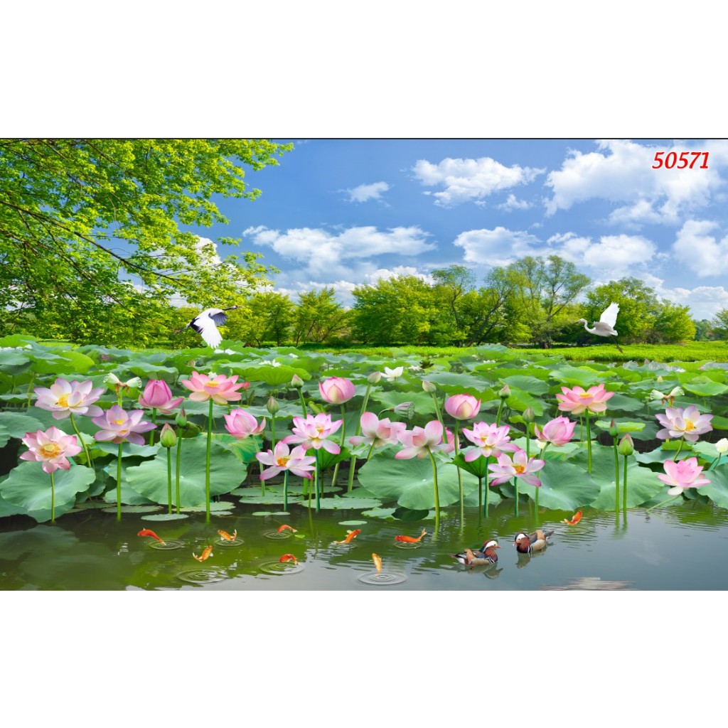 Tranh lụa 3D phong cảnh đầm sen, decor phòng khách lịch sự, trang nhã