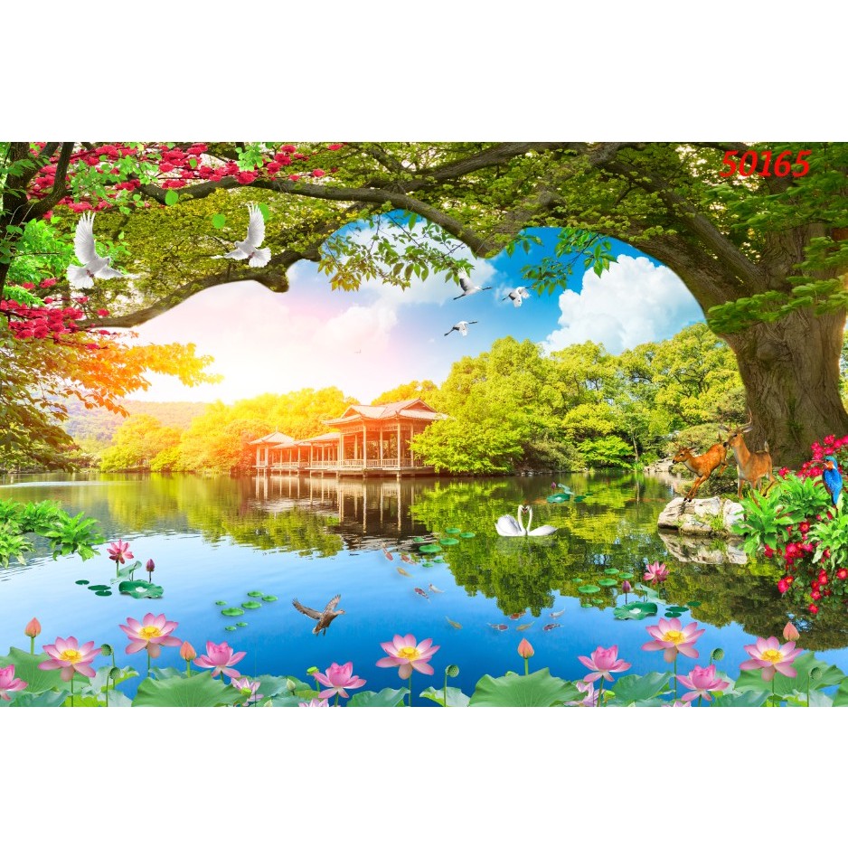Tranh lụa 3D phong cảnh đầm sen, decor phòng khách lịch sự, trang nhã