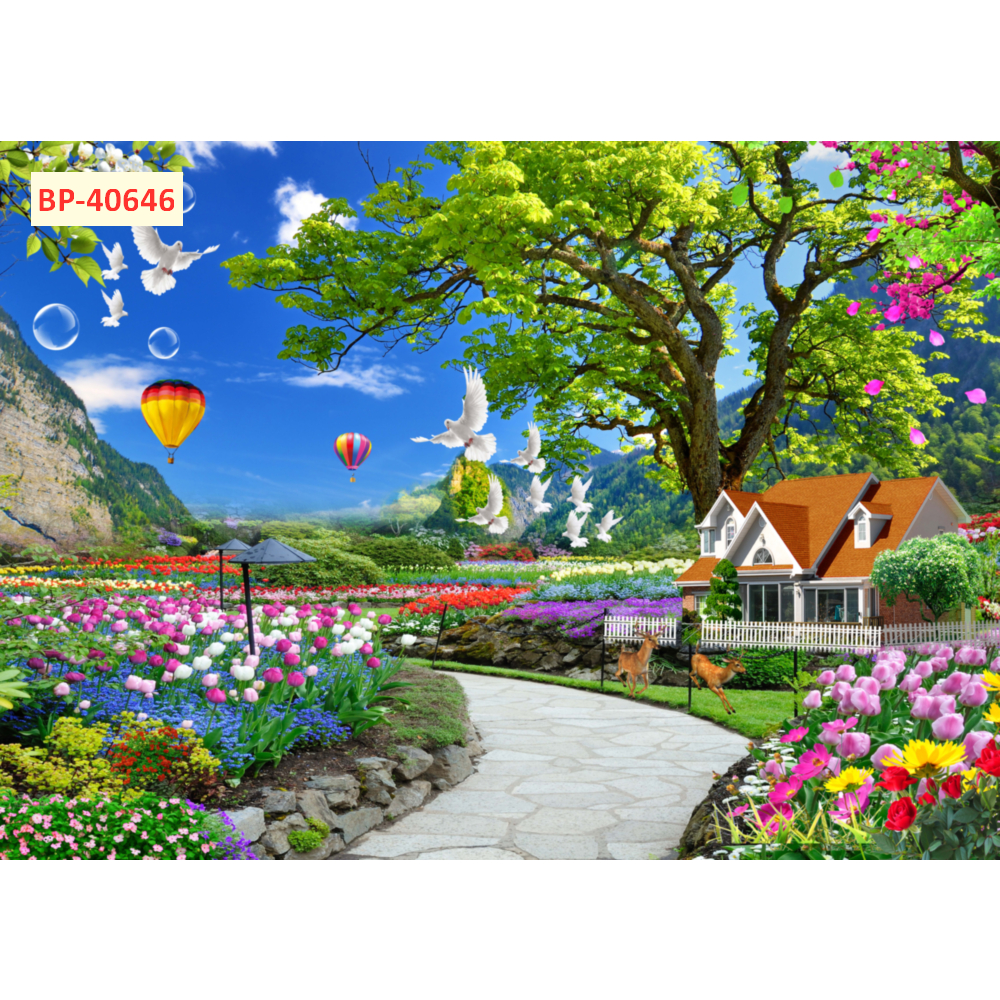 Tranh dán tường 3D lụa kim sa chủ đề phong cảnh thiên nhiên sắc màu