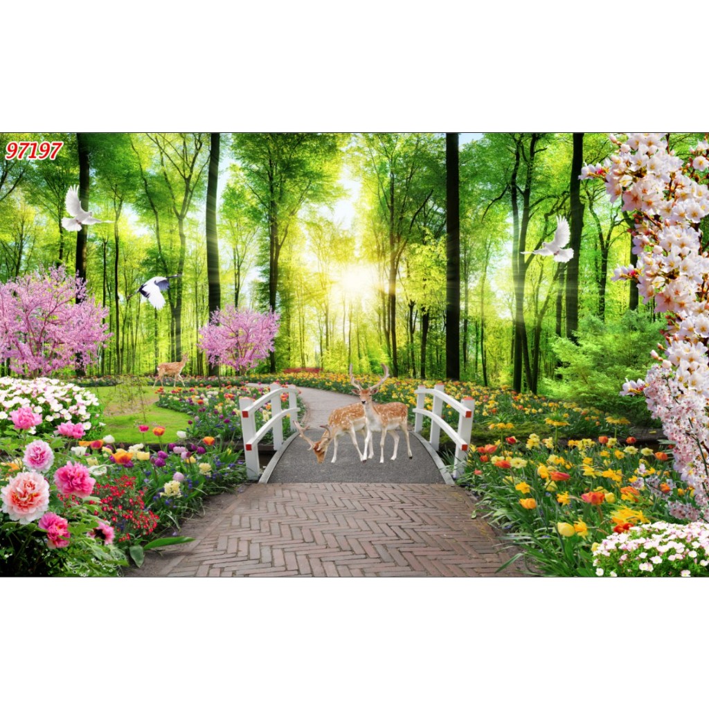 Mẫu tranh lụa phong cảnh vườn hoa sắc màu, decor phòng khách