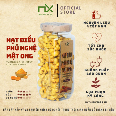 Hạt Điều Ăn Vặt Nam Xanh, Điều Phủ Nghệ Mật Ong, Điều Bình Phước, Không Chất Bảo Quản