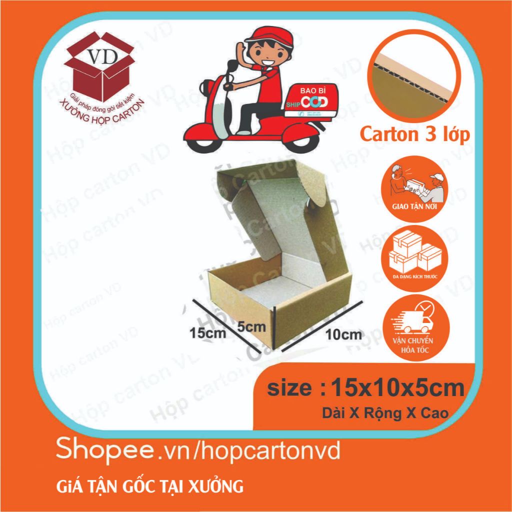 Combo 50 hộp carton nắp gài màu nâu size 15x10x5