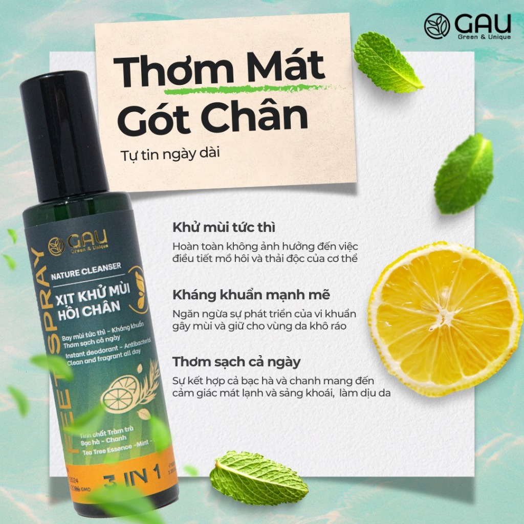 Xịt Hôi Chân GAU Lưu hương Thơm mát - Khử mùi Chân và Giày Cả ngày Tràm trà - Bạc hà - Chanh 100ml