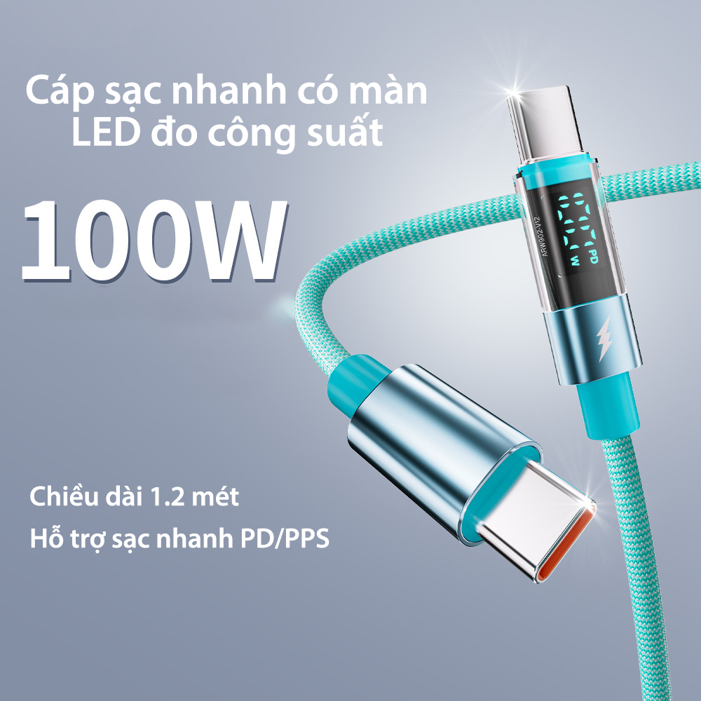Dây cáp sạc nhanh Phone 100W Type C - Basemo - Có đèn LED đo công suất sạc - Dây dù bện 1 mét