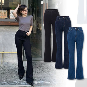 MIDDUA - JN177 Quần loe dài nữ denim lưng cao, chất co giãn