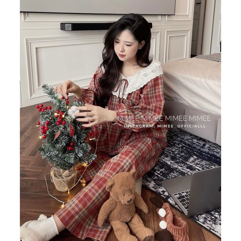 Set bộ kẻ đỏ phối viền ren 🎄