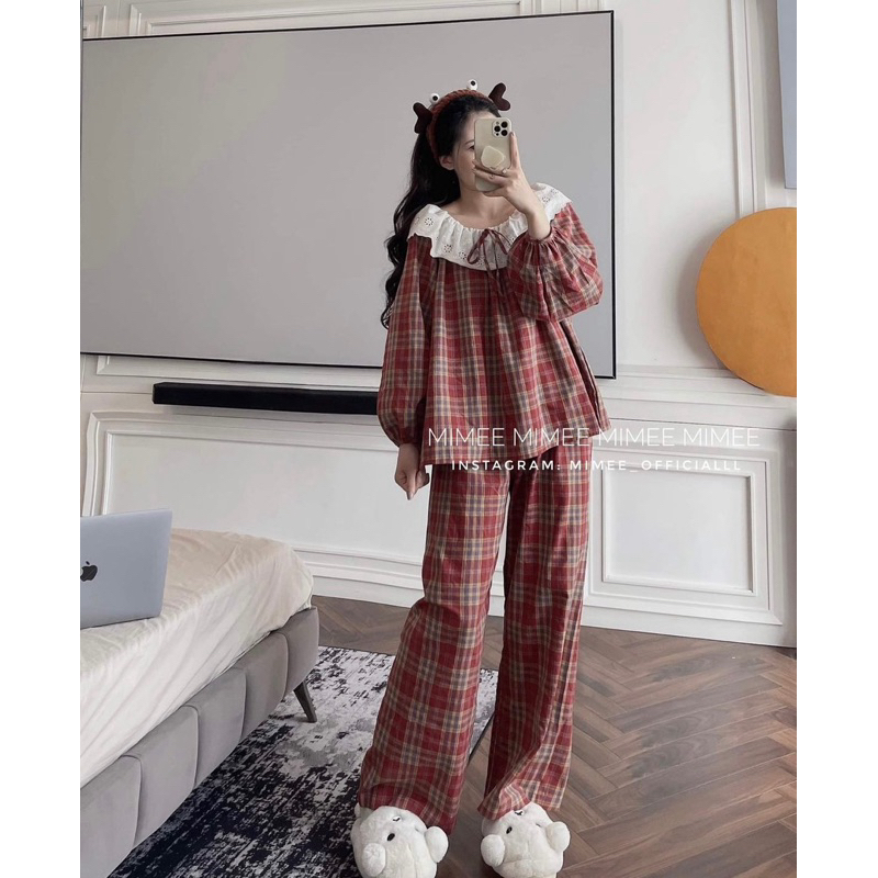 Set bộ kẻ đỏ phối viền ren 🎄