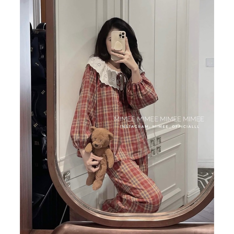 Set bộ kẻ đỏ phối viền ren 🎄
