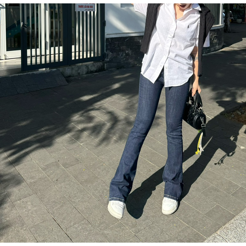 MIDDUA - JN177 Quần loe dài nữ denim lưng cao, chất co giãn