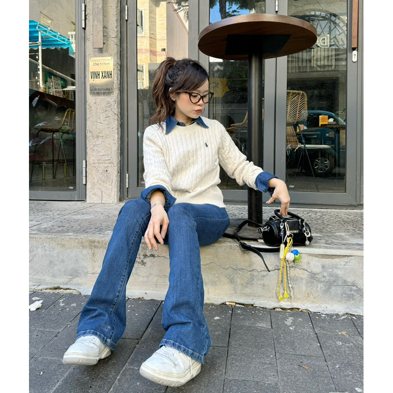 MIDDUA - JN177 Quần loe dài nữ denim lưng cao, chất co giãn
