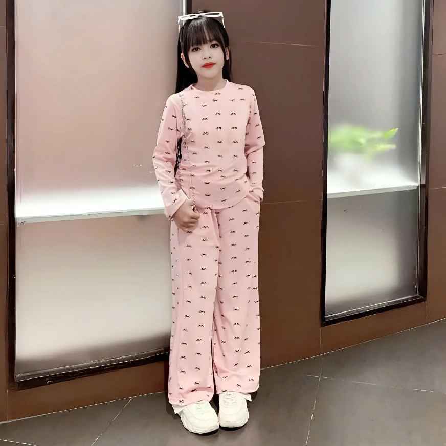 SÉT ĐỒ THU ĐÔNG CHO BÉ GÁI IN HÌNH NƠ PHỐI QUẦN ỐNG RỘNG SÀNH ĐIỆU CHO BÉ M08