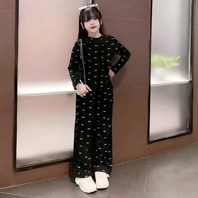 SÉT ĐỒ THU ĐÔNG CHO BÉ GÁI IN HÌNH NƠ PHỐI QUẦN ỐNG RỘNG SÀNH ĐIỆU CHO BÉ M08