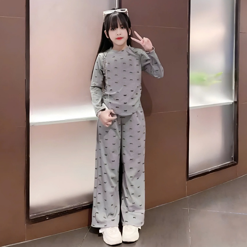 SÉT ĐỒ THU ĐÔNG CHO BÉ GÁI IN HÌNH NƠ PHỐI QUẦN ỐNG RỘNG SÀNH ĐIỆU CHO BÉ M08