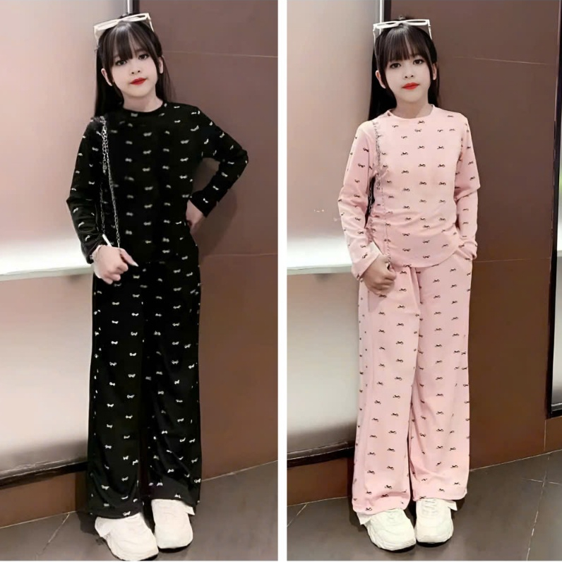 SÉT ĐỒ THU ĐÔNG CHO BÉ GÁI IN HÌNH NƠ PHỐI QUẦN ỐNG RỘNG SÀNH ĐIỆU CHO BÉ M08